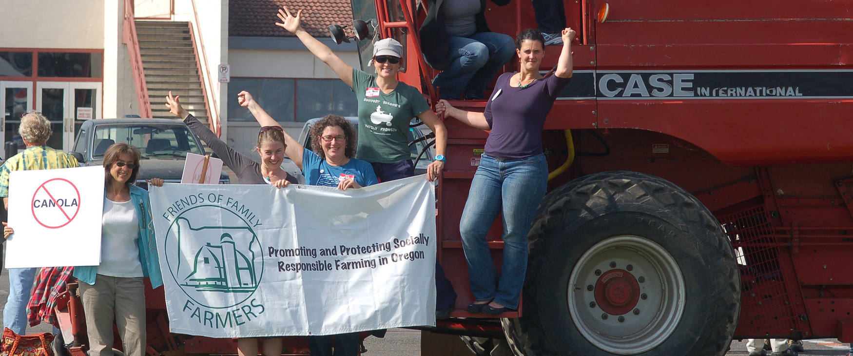 Friends of Family Farmers supporters gather around a tractor